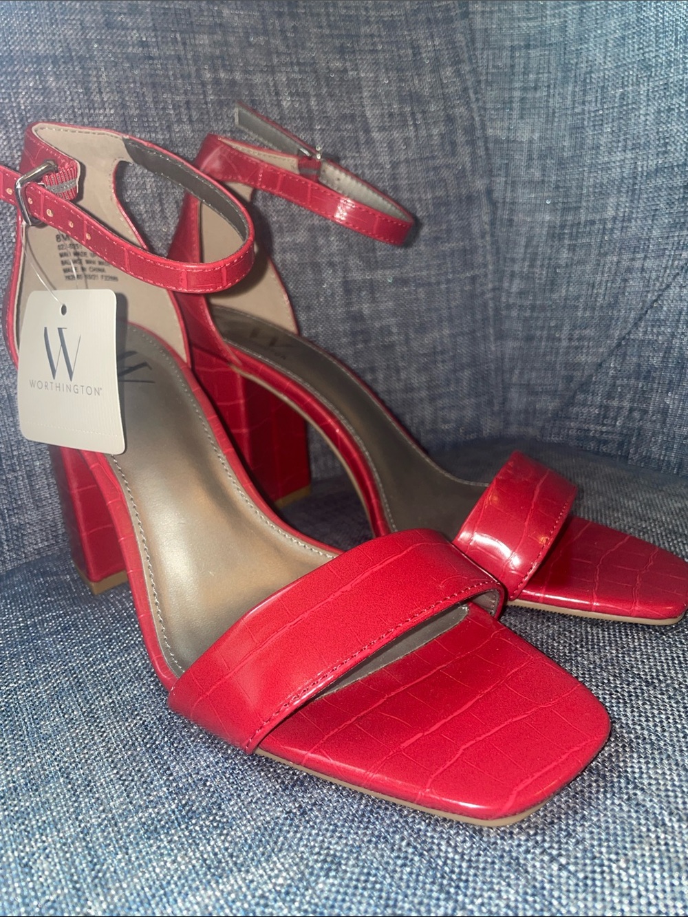 Worthington Red Croc-Embossed Ankle-Strap Block Sandals